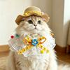 1 Set Cute Flower Cat Outfit Straw Sun Hat And Lace Ruffled Cat Bandana Bib Sweet Pet Accessory with Colorful Pom-Poms for Cats Dogs Photos Parties
