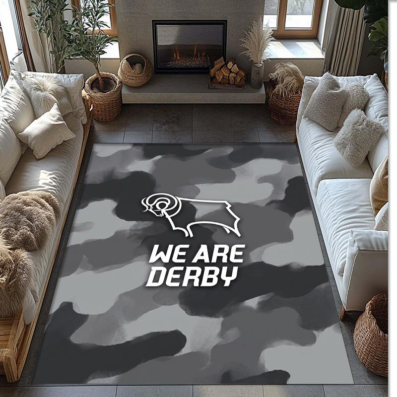 Derby County Football Print Crystal Velvet Rug, Comfortable Water Absorbent Non Slip Indoor Floor Carpet