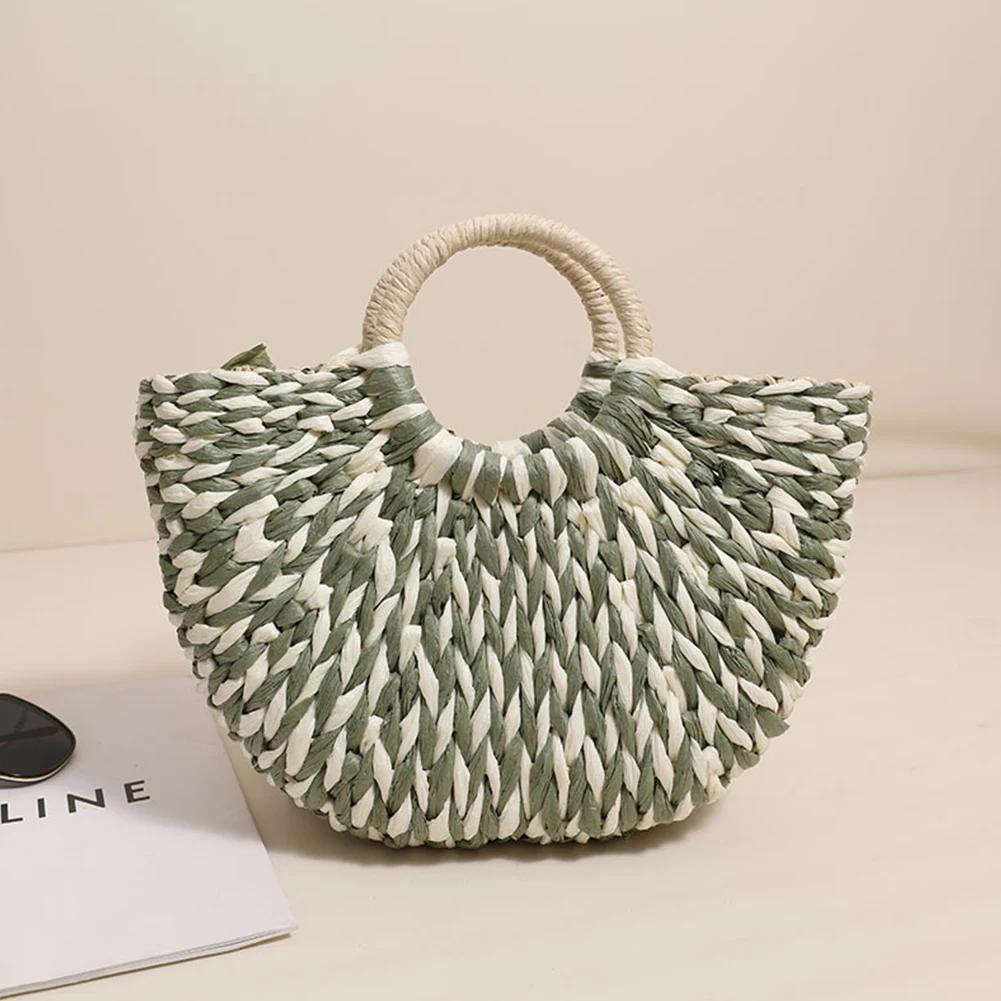 Women Half-Round Handbag Large Capacity Casual Travel Tote Bag Color Clash Semicircle Weaving Bag Female Leisure Bag