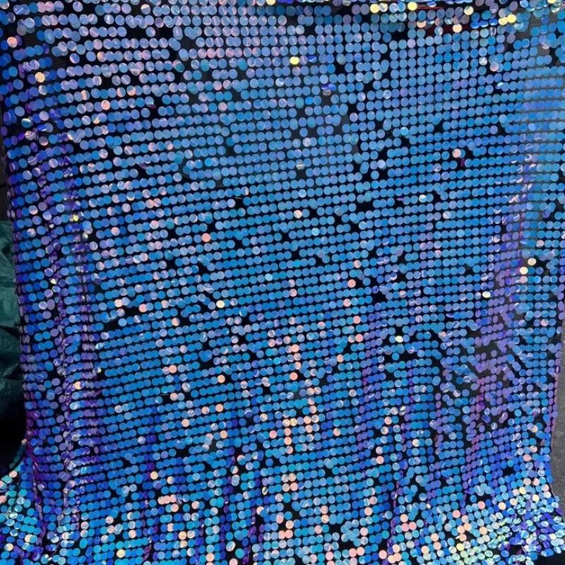 Sequins Straight Embroidery Fashion Dress Fabric 18mm Iridescent Blue Sequin Background Fabric Bead Embroidered Flower Cloth