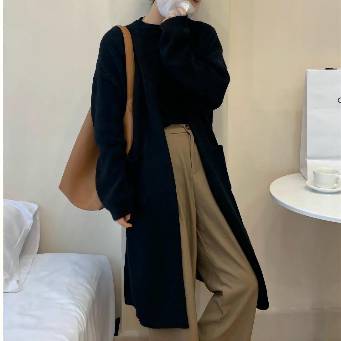 

Осенне-зимний женский свитер в длинной части мягкого вязаного кардигана, свободный ленивый ветер, большие карманы, темпераментный мягкий свитер, пальто One Size чёрный