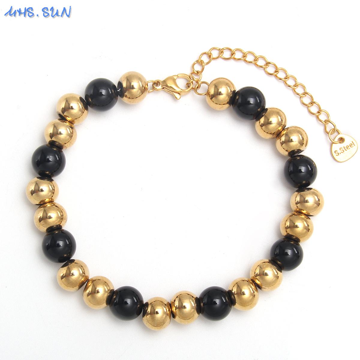 

MHS.SUN Waterproof Smooth Beads Bracelet Adjustable Gold Silver Color Stainless Steel Round Balls Bracelets Unisex Party Jewelry