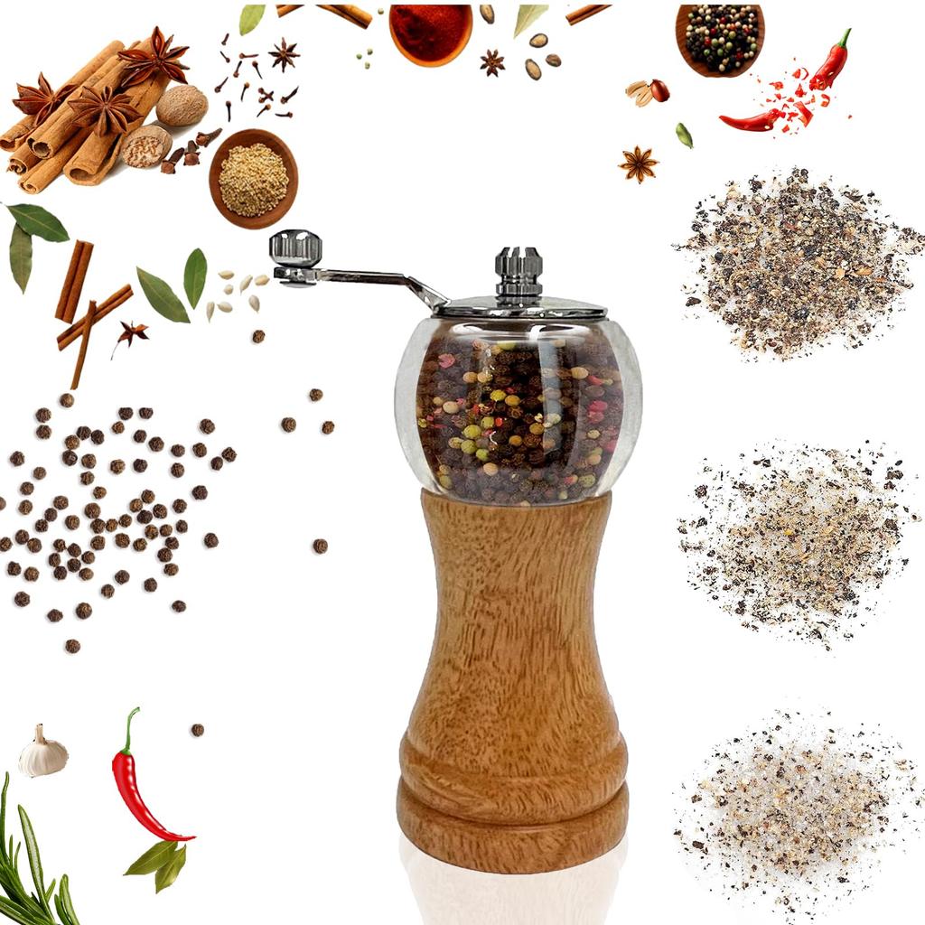 Wood Salt Pepper Salt Grinder Pepper Grinder with Manual Seasoning Grinder Refillable Grinder, & Set, Handle, (6inch-2Pcs)