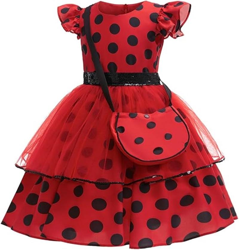 Costume Coccinelle Rouge pour Enfants Robe Princesse à Pois Pailletés Avec Sac Pour Filles Carnaval Anniversaire Halloween Nouvel An Déguisement 150 9-10T rouge