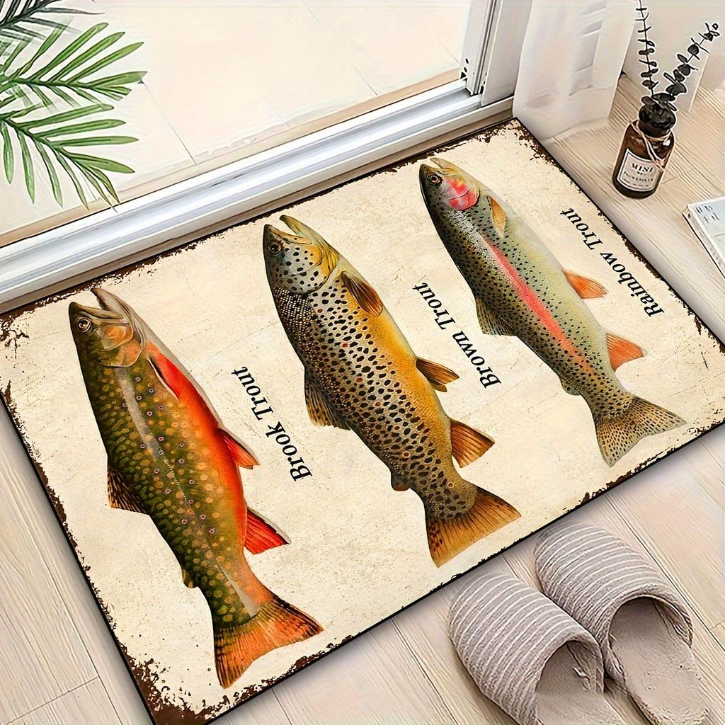 Tappeto Vintage per la Pesca alla Trota, Tappeto con Motivo a Pesci Trota Arcobaleno Marrone, Tappetino Antiscivolo per Arredamento Lodge per Soggiorno di Cabina