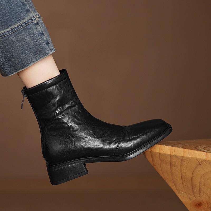 Sheepskin version French retro square head short boots thick heel thin boots women's new rear zipper middle heel Martin boots