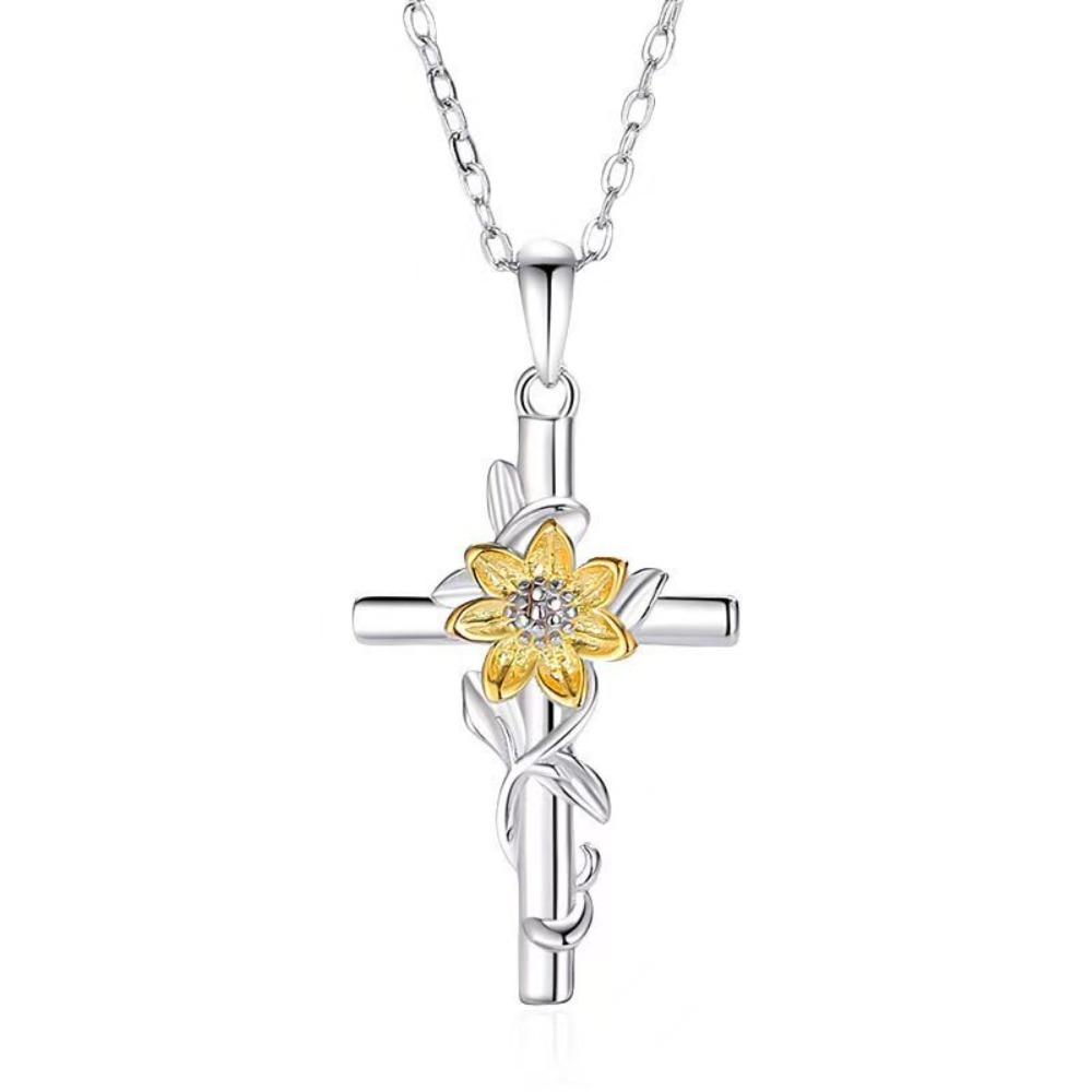 Elegant Sunflower Cross Pendant Necklace - Two-Tone Gold & Silver Plated Floral Crucifix Jewelry - Meaningful Religious Faith Gift for Women Girls