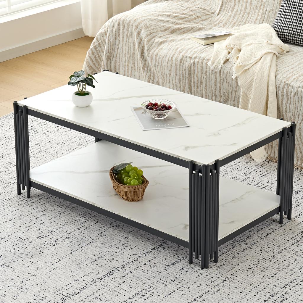 Rectangular Coffee Table with Metal Legs, Marbled Tabletop, Modern Living Room Furniture, White-Black – H46/B1140/T64 cm