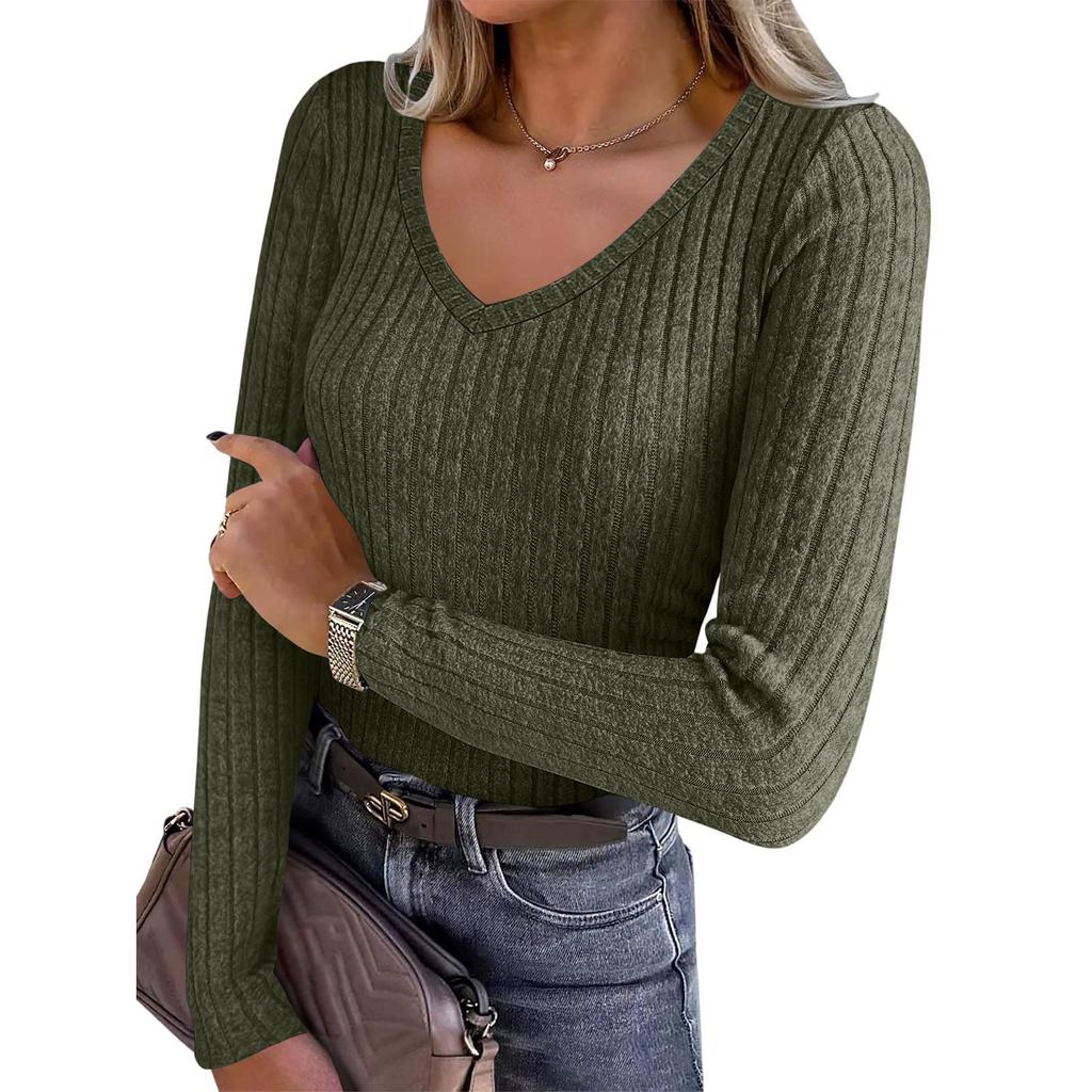 Women's Long Sleeve Knit V-Neck Pullover Top for Casual Daily Wear