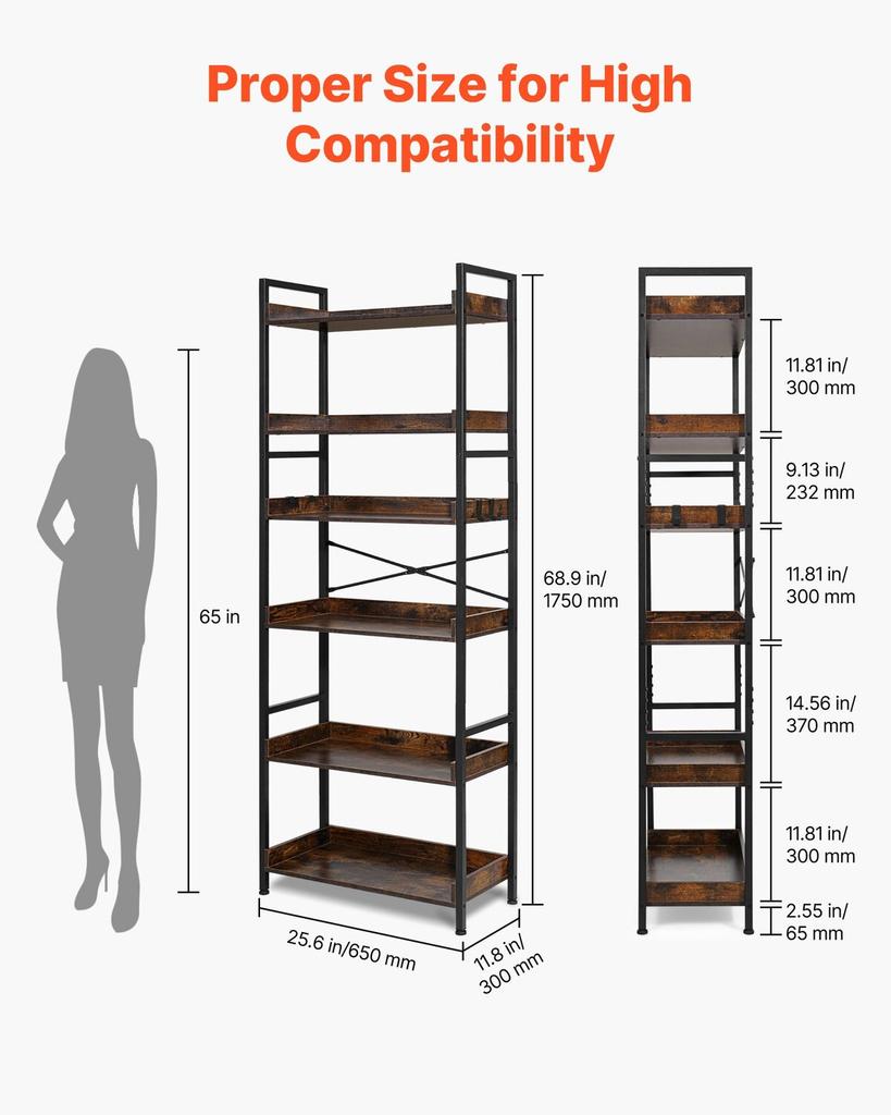 Industrial Bookshelf, 6-Tier, Vintage Ladder Shelf Bookshelves and Bookcases, with Metal Frame, Book Organizer with Open Shelves, for Living Room,