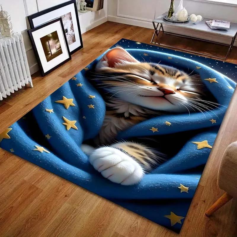 15 Sizes Blue Blanket Cat Print Carpet for Bedroom Living Room Bedside Sofa Floor Mat Modern Home Decor Play Area Rug Great Gift
