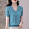 Summer Women's V-neck Knitted T-shirt Top T-shirt Solid Color Top