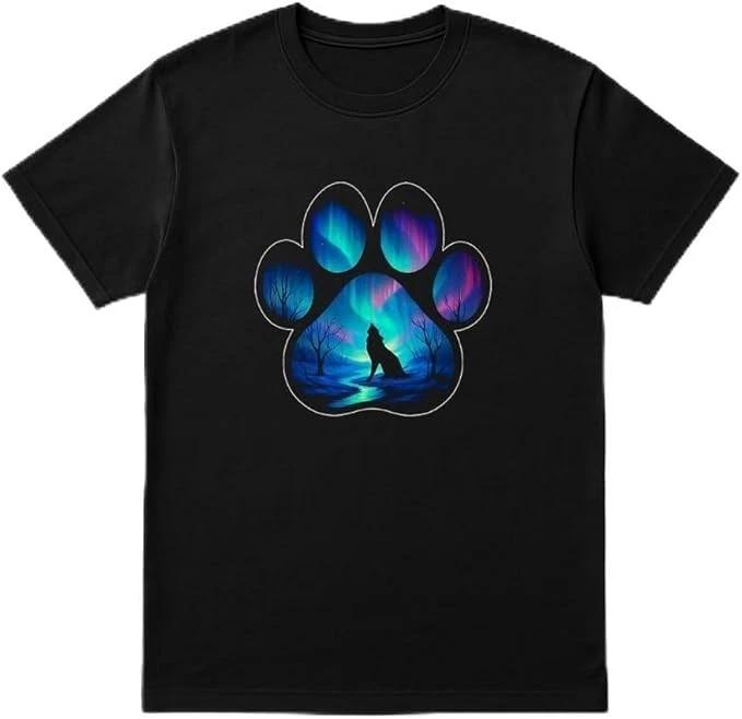 Wolf Paw Aurora Borealis Shirt – Howling Wolf in Night Sky Graphic Tee XXL