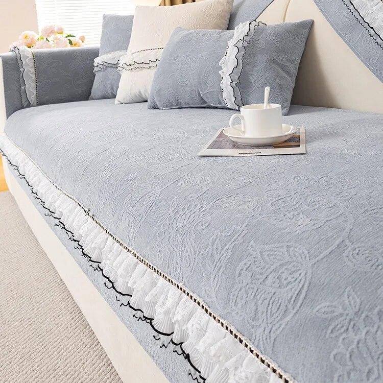 Solid Sofa Cushion Light Luxury Lace Sofa Cover Universal Anti Slip Chenille All Season Living Room Sofa Cover
