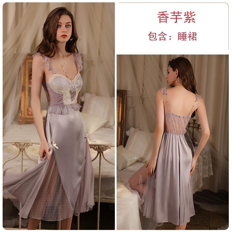 Women's Satin Lace Sheer Polka Dot Mesh Padded Princess Style Cami Sleep Dress