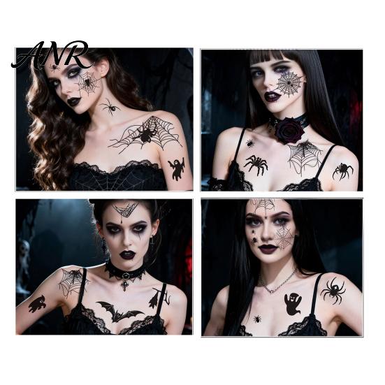 Realistic Dark Style Body Art 4Pcs Halloween Spider Bat Tattoo Stickers, 3D Temporary Easy to Apply Makeup for Party, Waterproof Fake Web Decals,