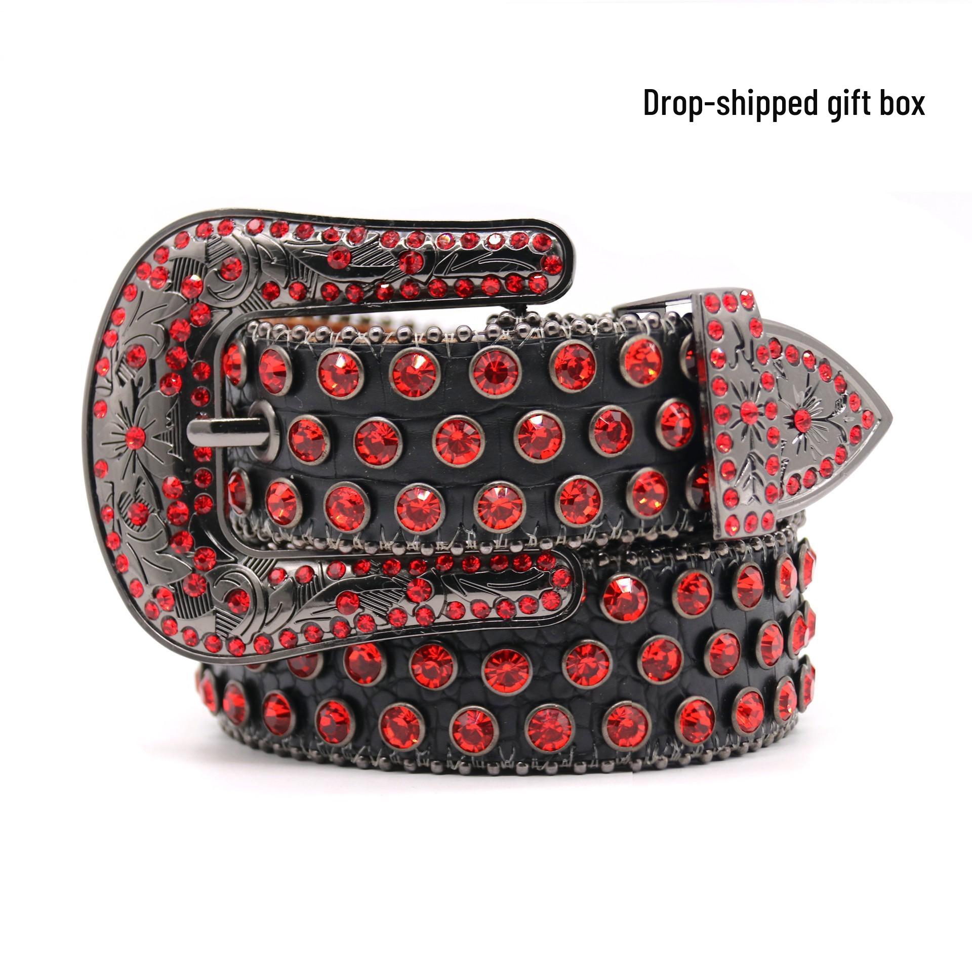 

Женский кожаный ремень со стразами - Инкрустированный полными бриллиантами Панк Модный тренд Поясной аксессуар 105cm