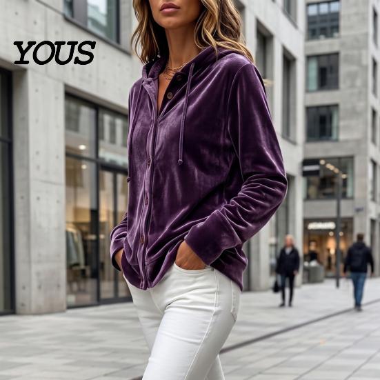 Button Down Coat Women Front Velvet Hoodie, Long Sleeve Hooded Jacket, Soft Outerwear Loose Fit Casual Drawstring for Autumn Winter Apparel