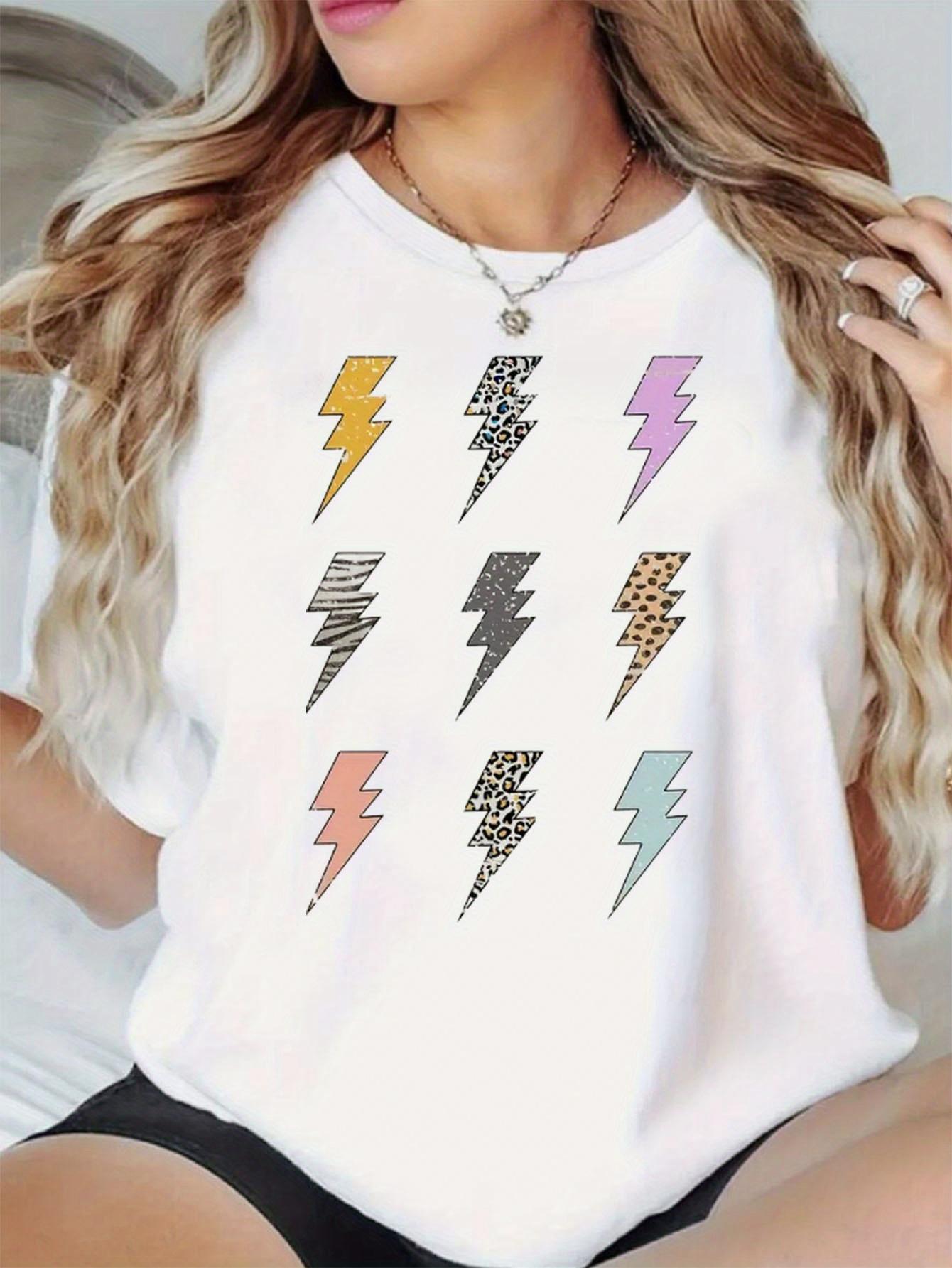 Women s Casual Lightning Bolt Graphic T-Shirt - Short Sleeve Crew Neck, Spring/Summer Fashion Top with Unique Colorful Lightning Bolt Design, S белый