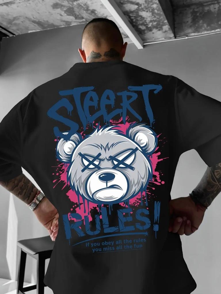 Mens Fashion Summer Angry Bear Letter Print Comfortable Breathable Round Neck Tshirt Outdoor Street Style Top