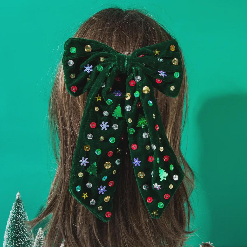 Heming's Christmas Hairpin: Bow with Star, Snowflake, and Tree Sequins - Holiday Party Accessory