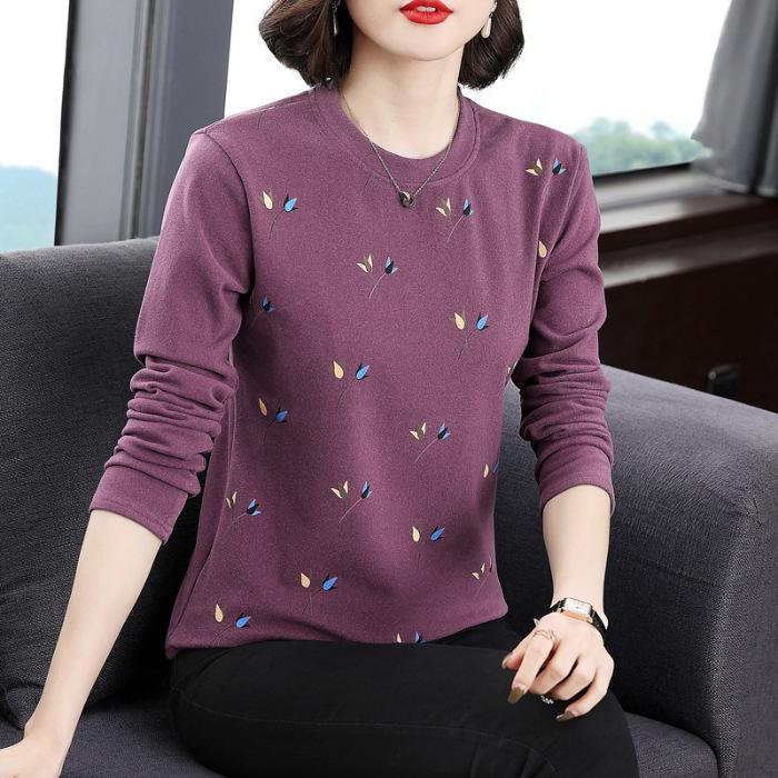 Creative Printed Round Neck Long-sleeved Base Shirt Spring and Autumn Korean Version Belly-covering Age-reducing Large-size Slimming Top
