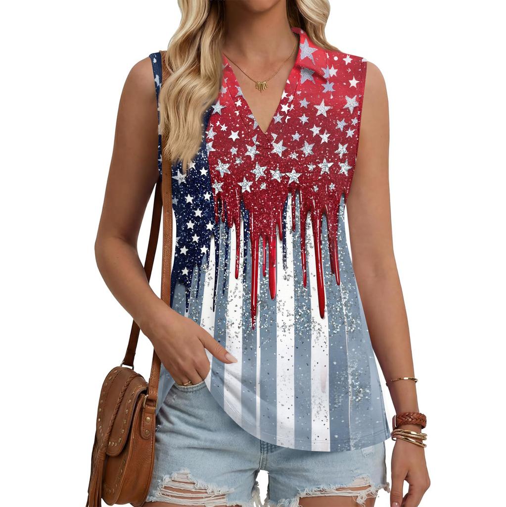 Womens Sleeveless Button Down V Neck Collared Top with Printed Pattern Casual Loose Fit Comfortable Tank Blouse for Summer