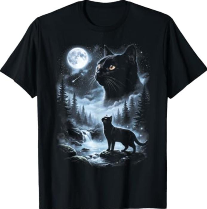 Black Cat Howling at Moon 90 s Retro T-Shirt S