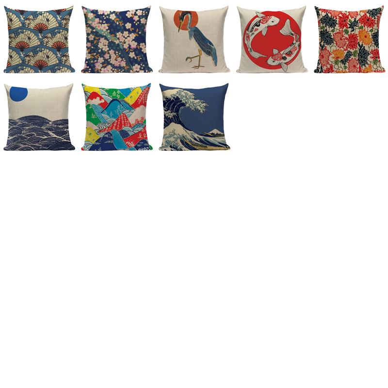 Vintage Surf  Decorative Cushion Covers Japanese Style Pillow Cushion Decor Pillows For Home Custom Crane Fish Sofa Pillowcase