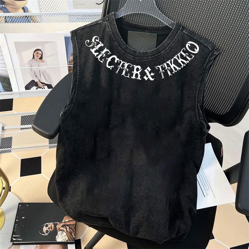 Colete de Verão Masculino Sem Mangas Estilo Americano High-Street Lavado Desgastado Camiseta Casual Juvenil de Corte Solto