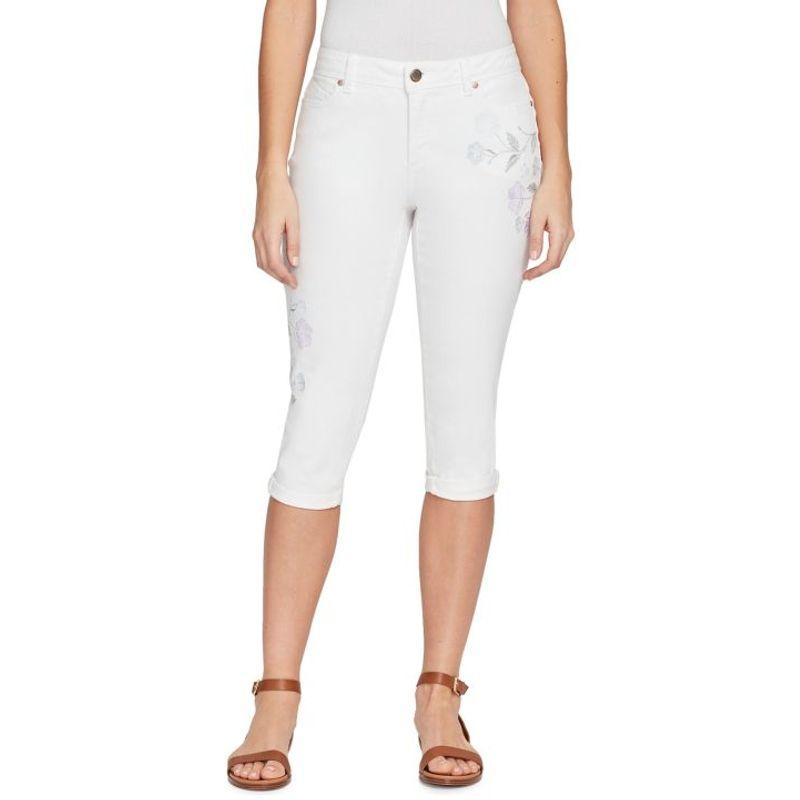 

Fashion Mid-High Waist Slim Fit Curled Hem Cropped Pants Embroidered White 12