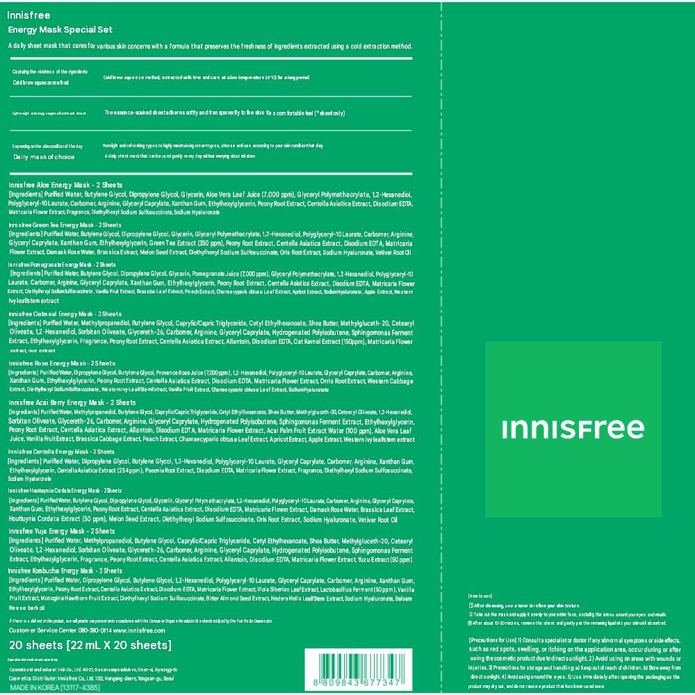 innisfree Energy Mask Special Set 20 Sheets [10 Types x 2pcs] Daily Hydrating & Soothing Facial Sheet Mask Pack