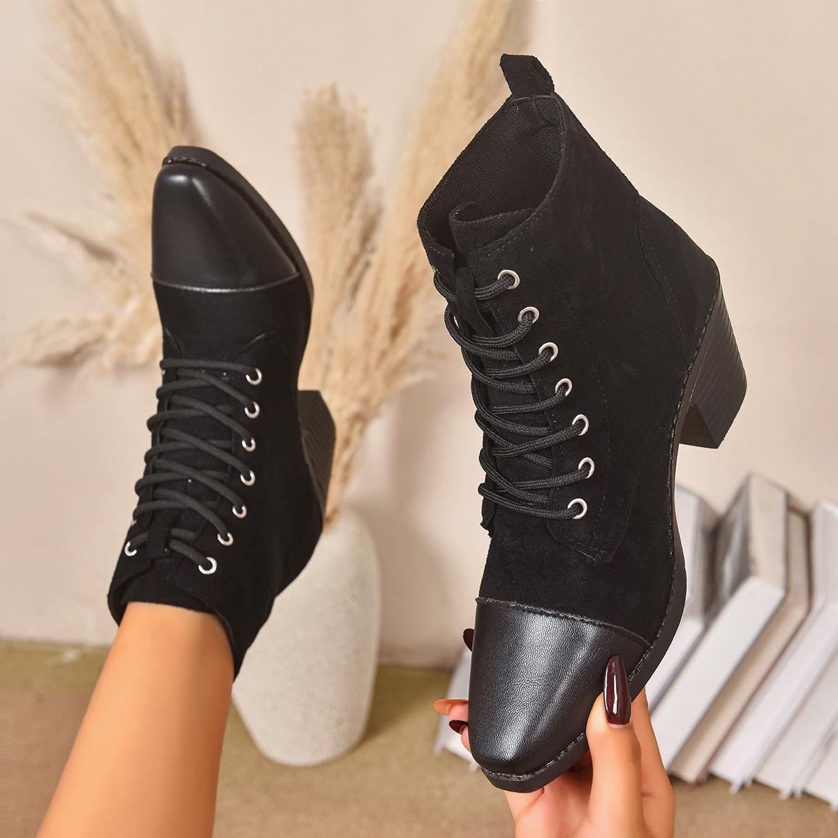 

Fashion New Large-sized Women s Boots for Autumn Winter with Thick Heels and Lace-up Spliced Short Ankle Boots Fashionable Women s Boots 36 чёрный