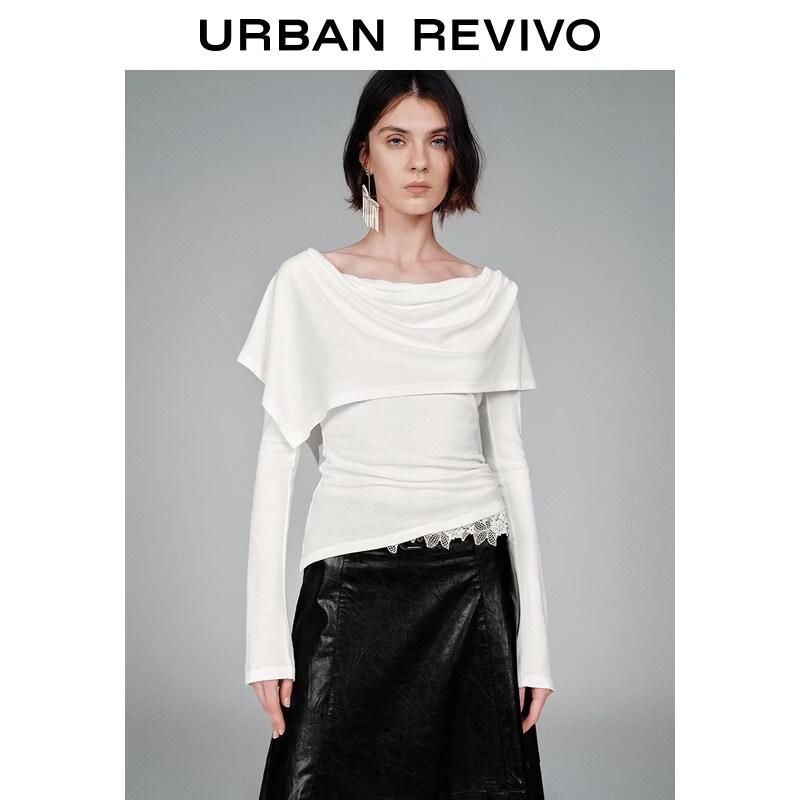 

UR 2026 Women s Lace Spliced Draped V-Neck Pleated Short T-shirt M