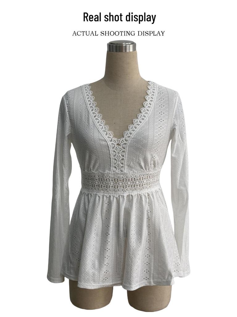 European & American Elegant V-Neck Lace Spliced Long-Sleeve Top for Women - Autumn 2025 Collection