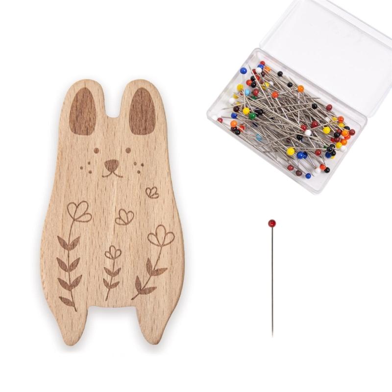 Magnetic Needle Pin Holder with 100Pcs Quilting Positioning Pin Wood Pin Cushion with 38mm Dressmaking Pin for Sewing