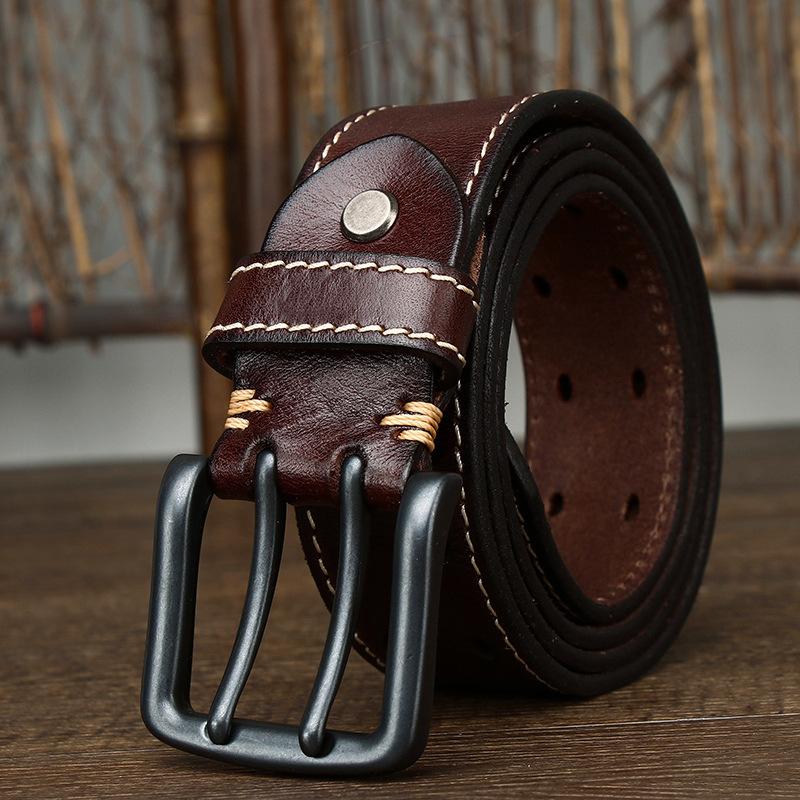 Belt Men's Retro Trendy All-Match Italian First Layer Cowhide Double Pin Buckle Genuine Leather Jeans Belt