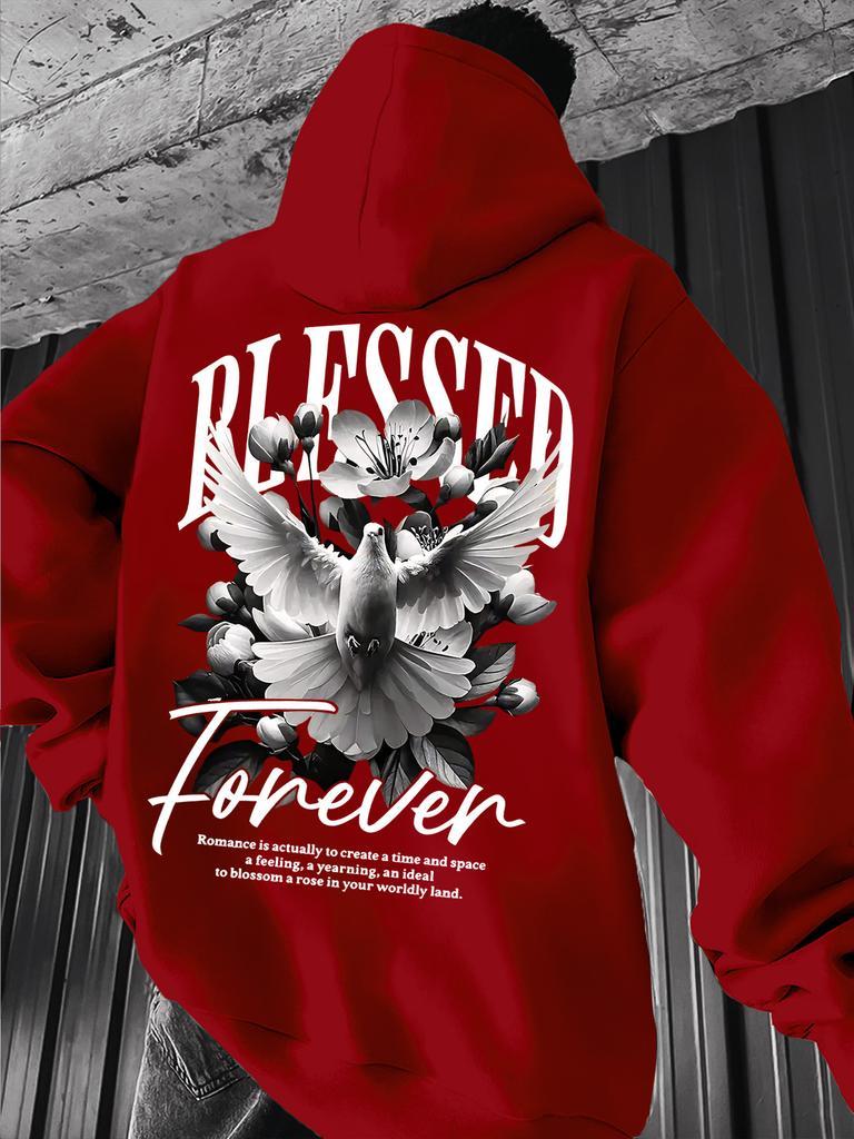 Men's Casual Loose Pigeon-print Fleece Thickened Hooded Sweatshirt for Autumn and Winter Wear