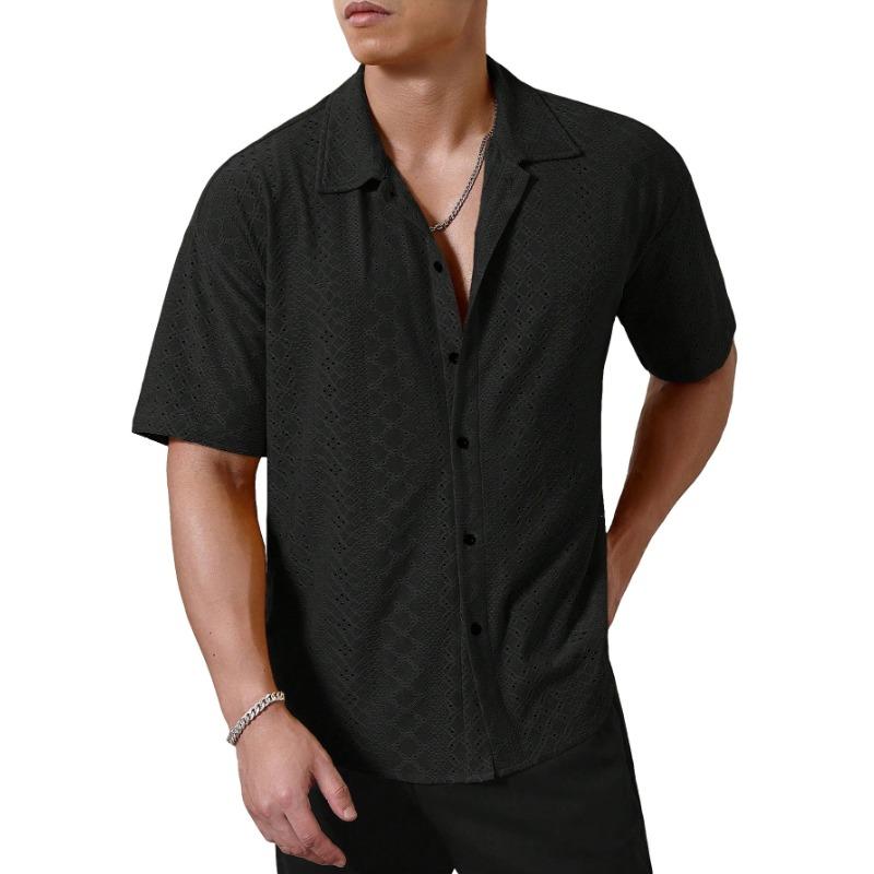 Men's Casual Hollow Out Short Sleeve Shirt with Cuban Collar