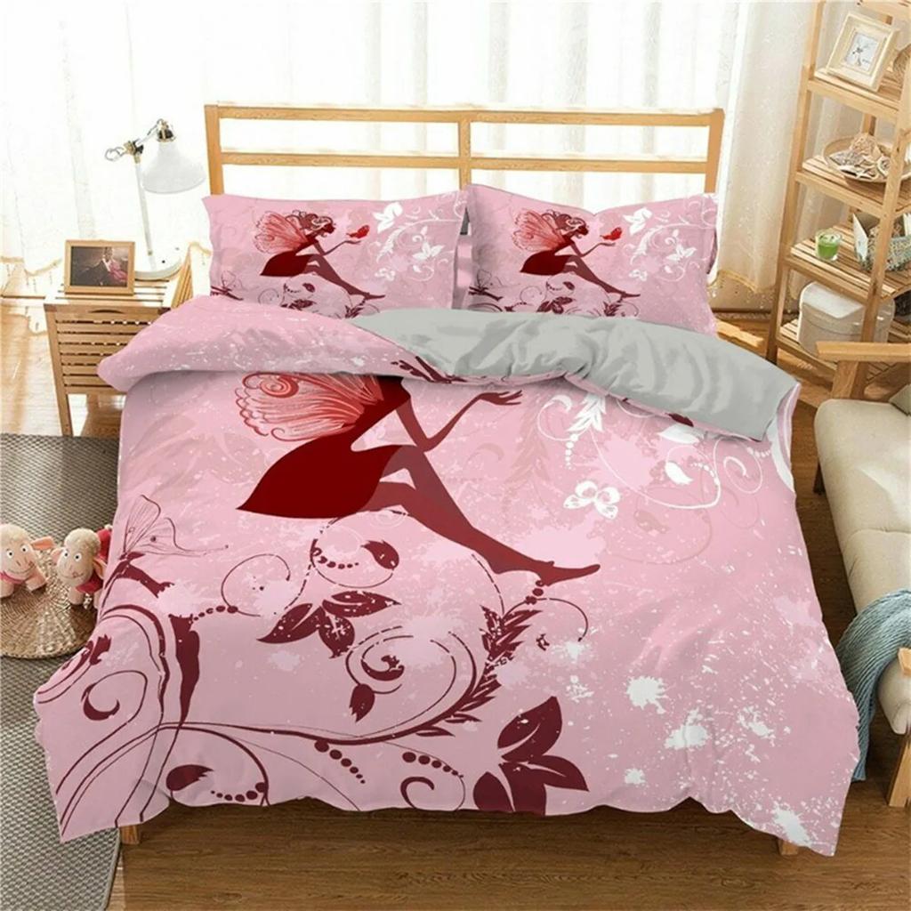 Cartoon Girly Butterfly Duvet Cover Lovely Pink Flower Fairy With Wings Romantic For Children Women Gifts For Bedroom Decoration
