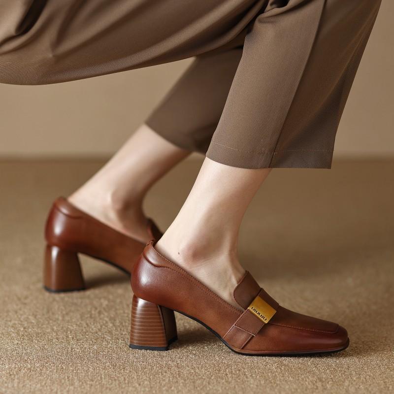 French Leather Single Shoes Women'S Versatile Square Head High Heels Women'S Thick Heel Retro British Casual Small Leather Shoes