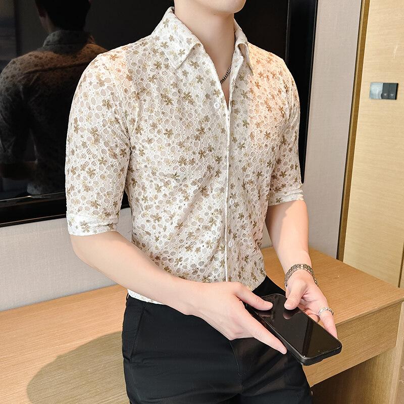 2025 Summer Mens Business Office Shirts Men Casual Short Sleeve Shirt Male Slim Fit Flower Print Shirts Man Fashion Dress Shirt