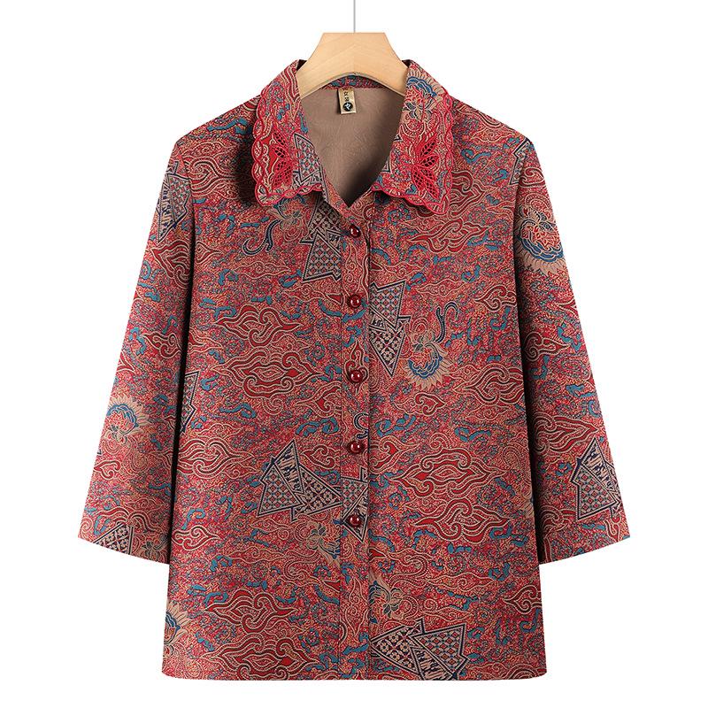 

Women s Printed Lapel Nine-Sleeve Shirt Jacket - Spring/Fall Thin Cardigan for Middle-Aged & Elderly Women 4XL (for 130-145 pounds) красный