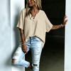 Women Casual V Neck Blouse Short Sleeve Bohemian Style Shirt Loose Fit Lightweight Summer Top with Button Detail and Pocket