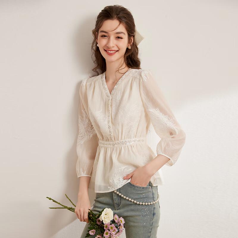 Bailuyu Women's V-Neck Embroidered Sequin Lace Slim-Fit Shirt