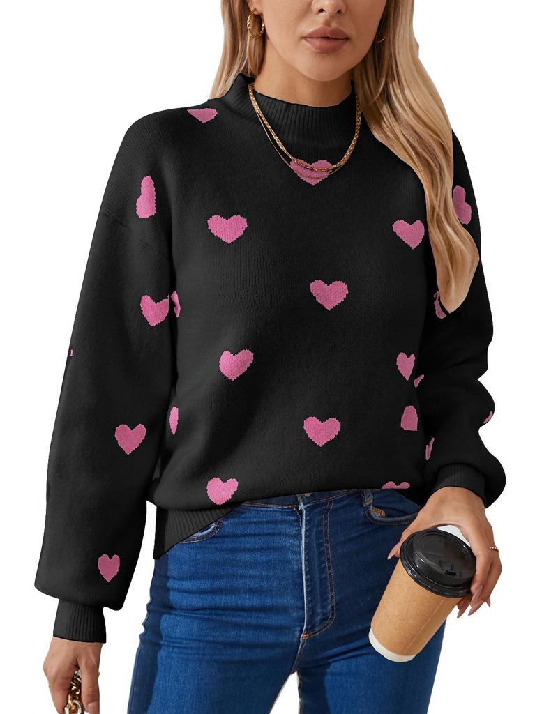 Heart Jacquard Round Neck Pullover Sweater for Women - Autumn/Winter Valentine's Day Style