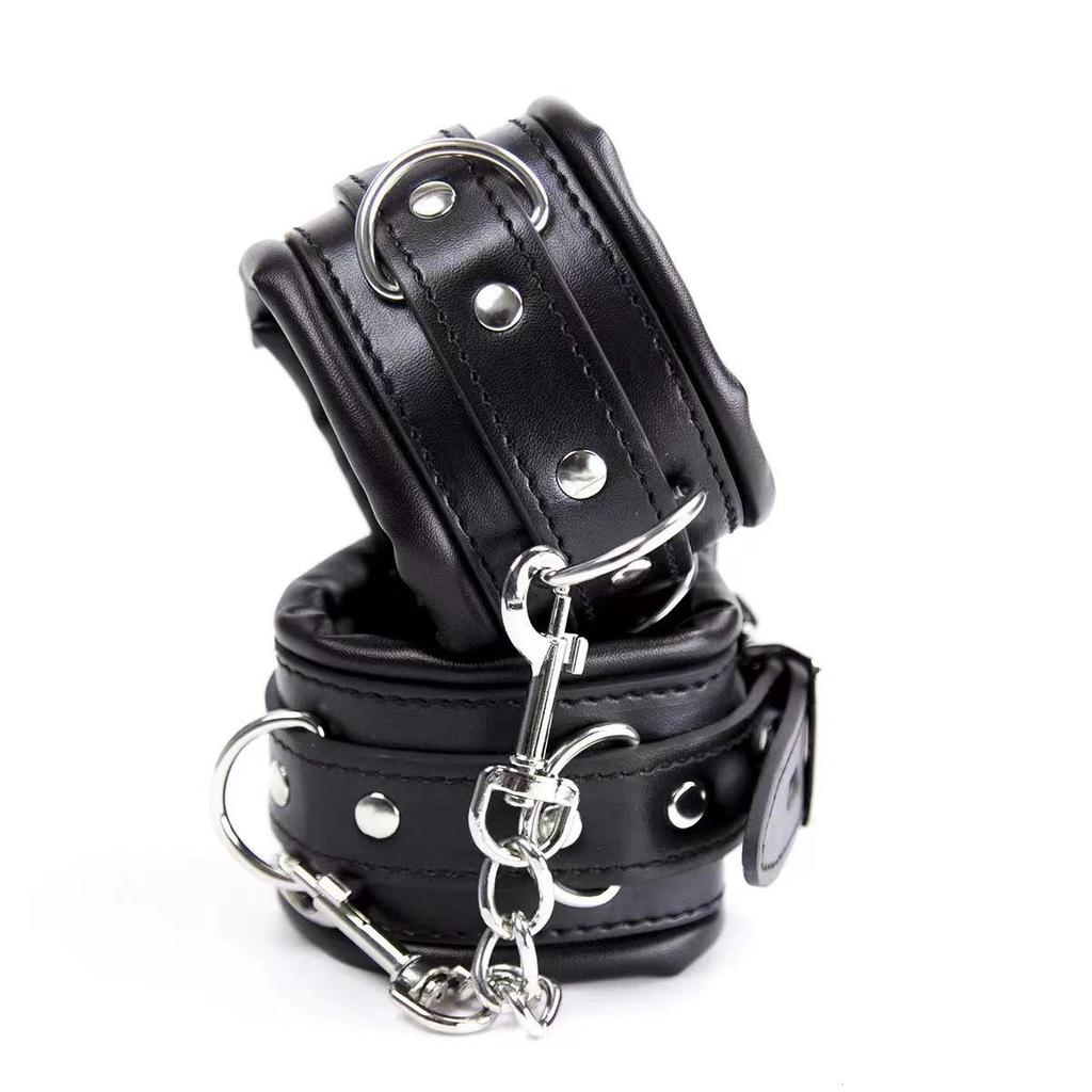 Adult Erotic Black & Red Leather Handcuffs and Foot Cuffs Set