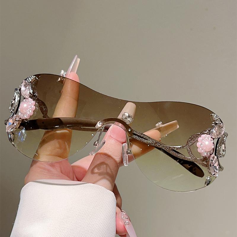 Rimless Y2k Sunglasses with Rhinestones Women Fashion Monoblock Outdoor Decor Shades Trendy Design Gradient Sun Glasses