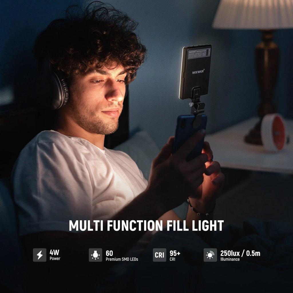 NEEWER NL-60AI Selfie Light for Phone with Front and Back Clip, 60 LEDs, 2000mAh Rechargeable, CRI95+, 3 Modes, Portable Clip-On Fill Light for Tablet