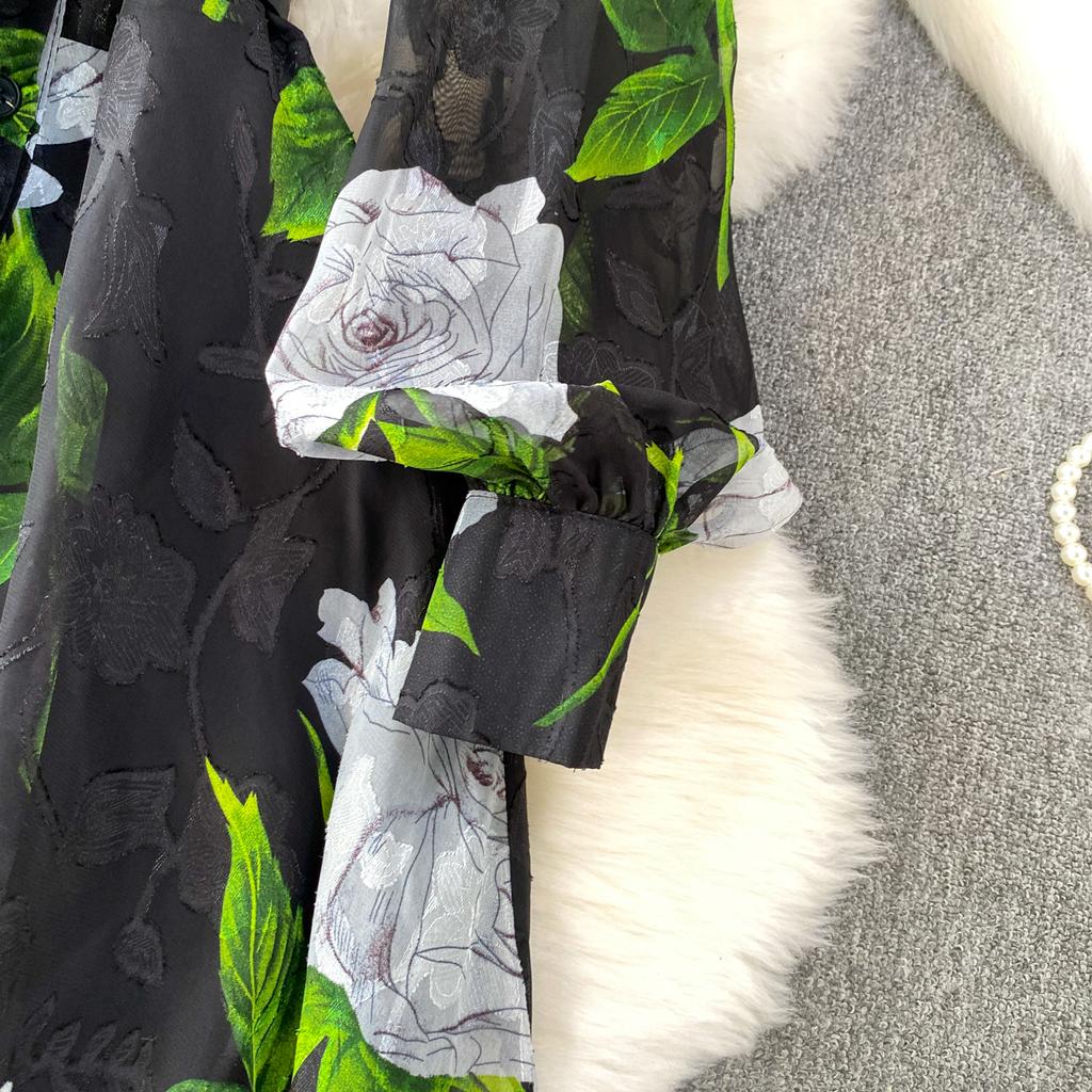 Francuski Styl Wakacyjny Super Wróżkowy Nadruk Klapa Długi Rękaw Sukienka Damska Wiosna Jesień Jednorzędowa Talia Rozkloszowana Elegancka